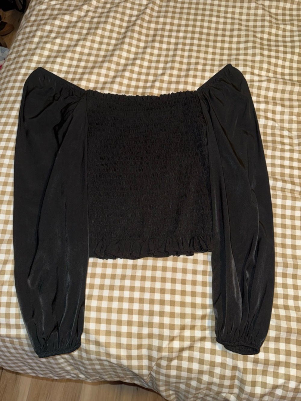 Black Smocked Off-Shoulder Long Sleeve Top